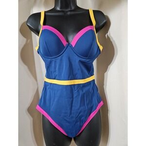 Boden One Piece Swimsuit 34B Blue Pink Yellow Tummy Control Padded Colorblock